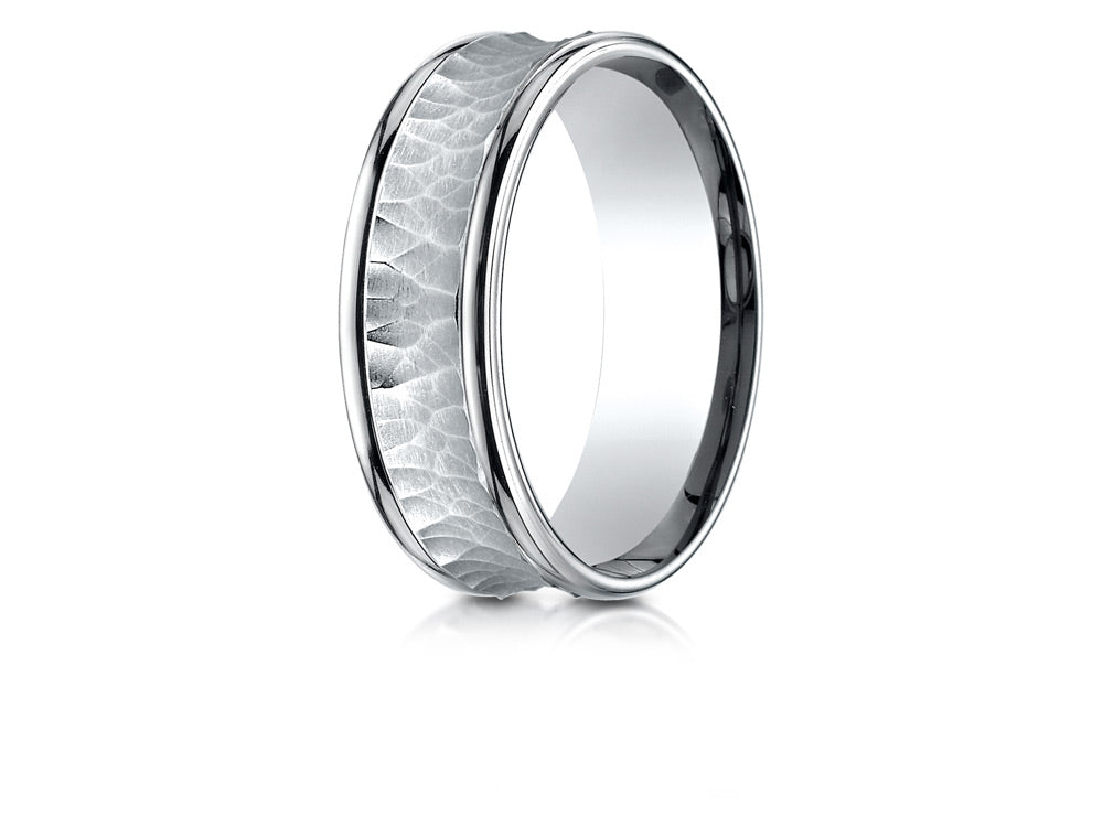 Benchmark 18k Gold 7.5mm Comfort Fit Hammered Finish Concave Center Design Wedding Band Ring