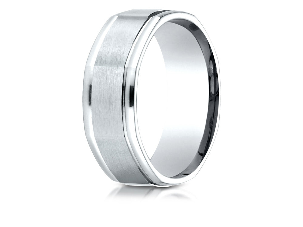 Benchmark 14k Gold Comfort Fit 8mm High Polish Round Edge Satin Finish Octagonal Center Design Wedding Band Ring