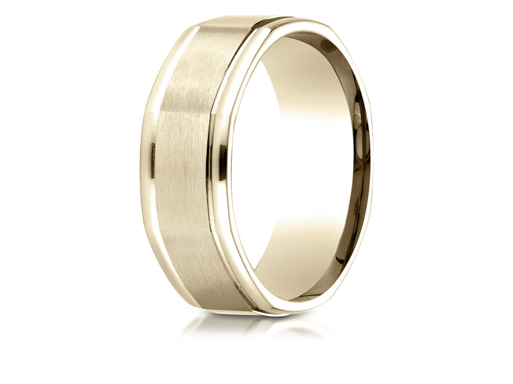 Benchmark 18k Gold Comfort Fit 8mm High Polish Round Edge Satin Finish Octagonal Center Design Wedding Band Ring