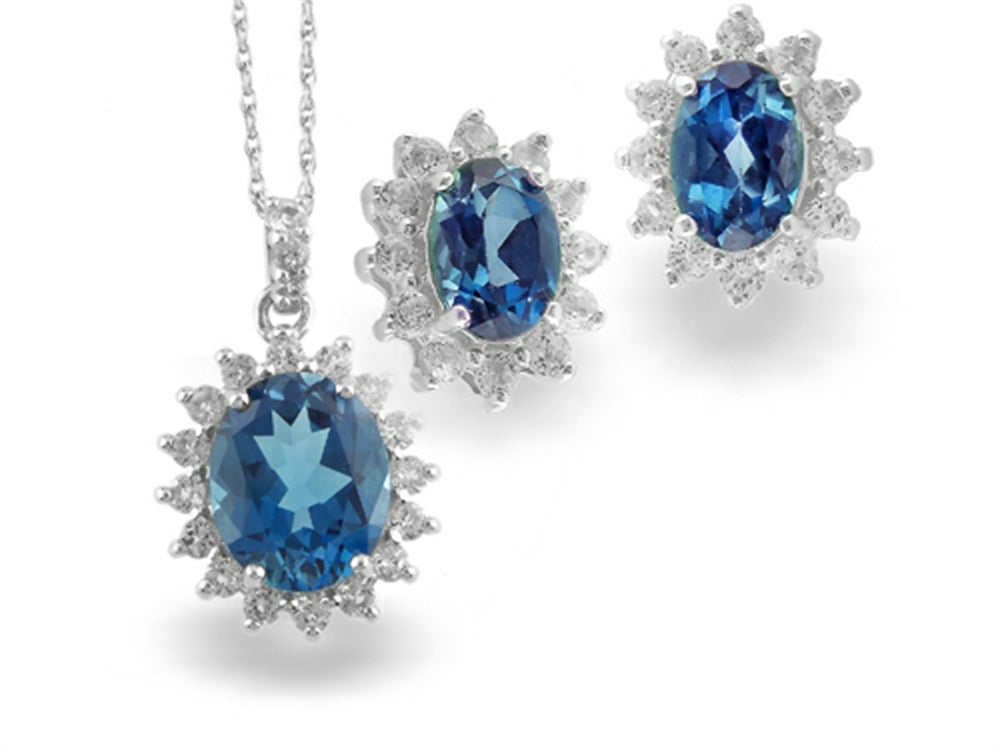 FJC Finejewelers 925 Sterling Silver Oval London Blue Topaz and White Topaz Pendant Necklace and Earrings Set