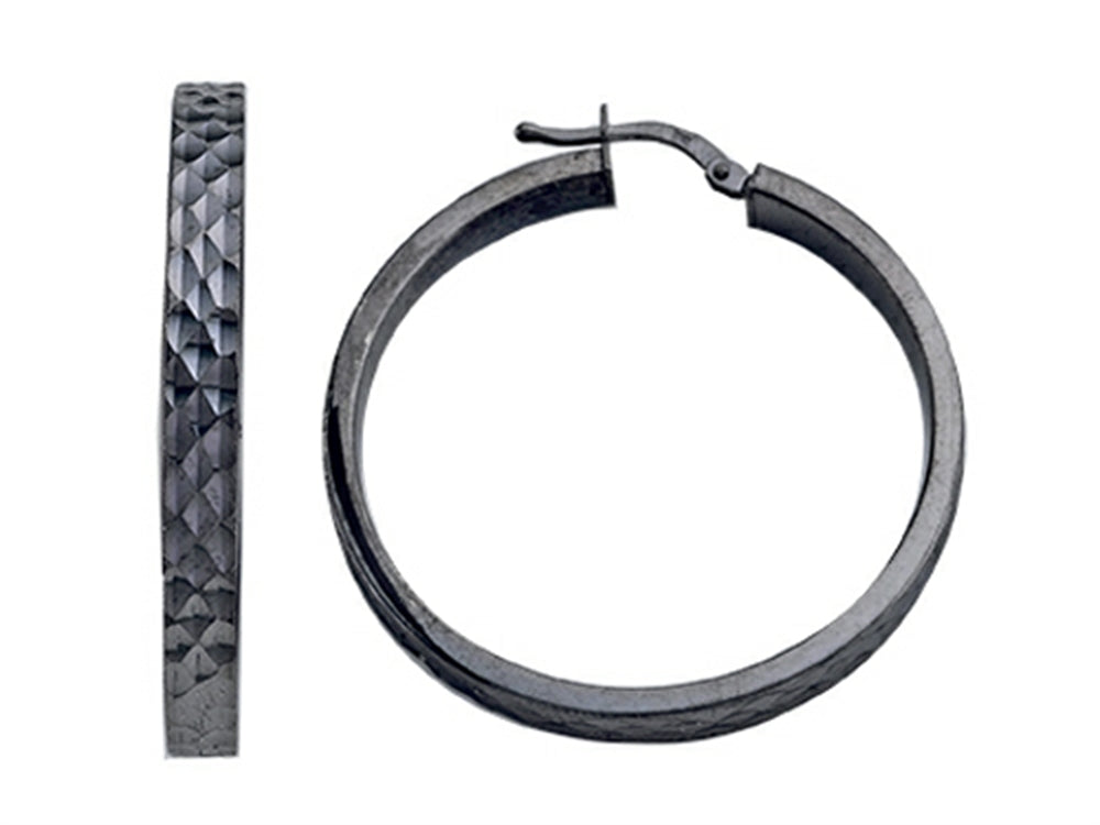 Stellar White Black Rhodium Bright Cut Hoop Earrings