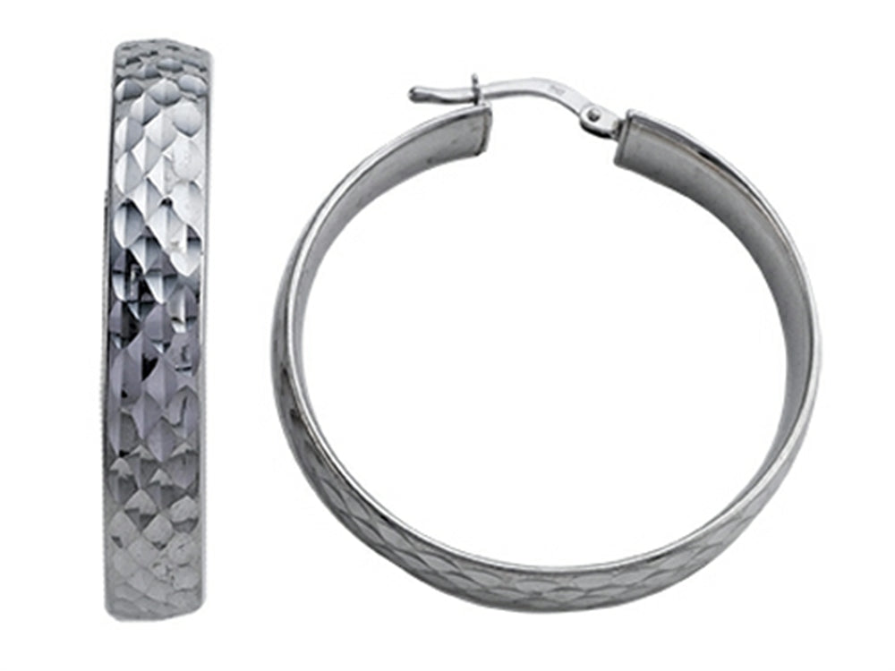 Stellar White Rhodium Plated Large Bright Cut Hoop Earrings