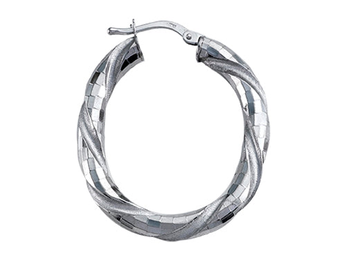 Stellar White Rhodium Large Oval Twist Hoops Earrings