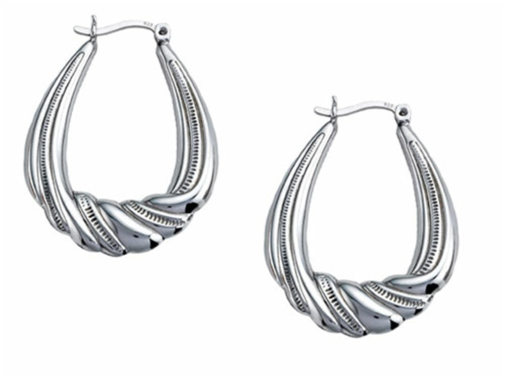 Stellar White Rhodium Large Oval Designed Hoop Earrings