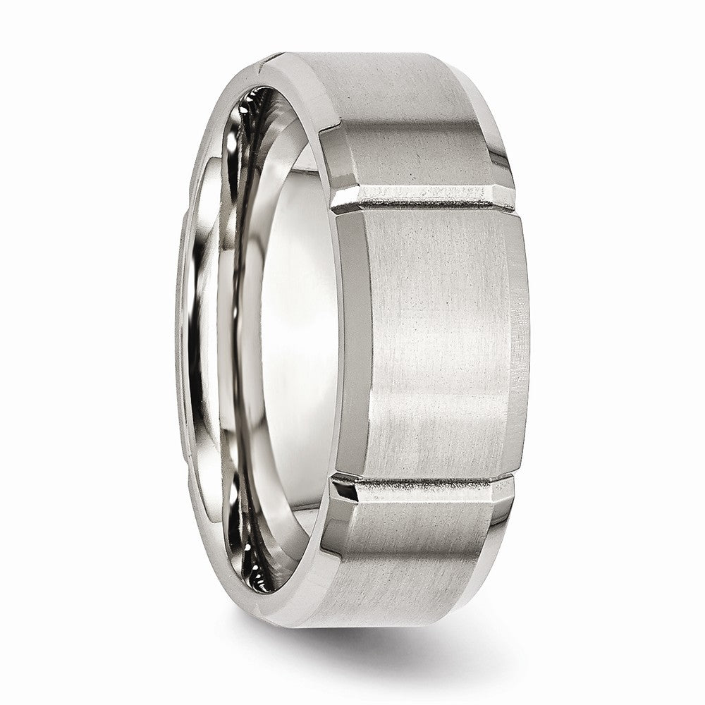 Chisel Stainless Steel Beveled Edge Grooved 8mm Brushed/polished Wedding Band