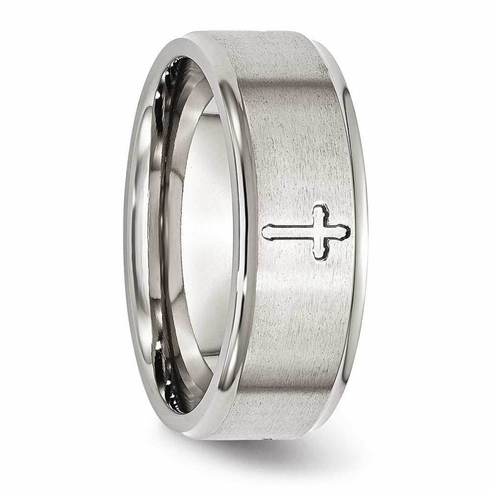 Chisel Stainless Steel Ridged Edge Cross 8mm Brushed And Polished Wedding Band
