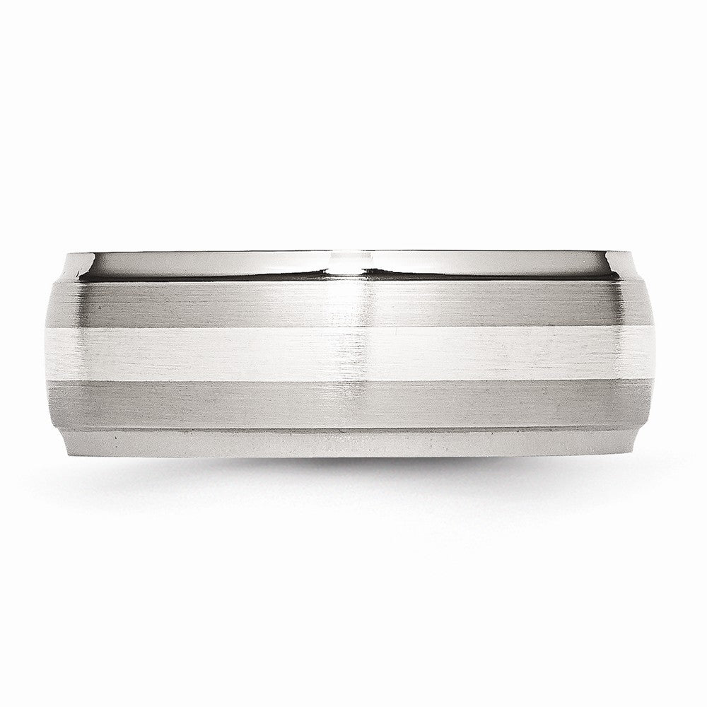 Chisel Stainless Steel Sterling Silver Inlay Ridged Edge Brushed And Polished Wedding Band