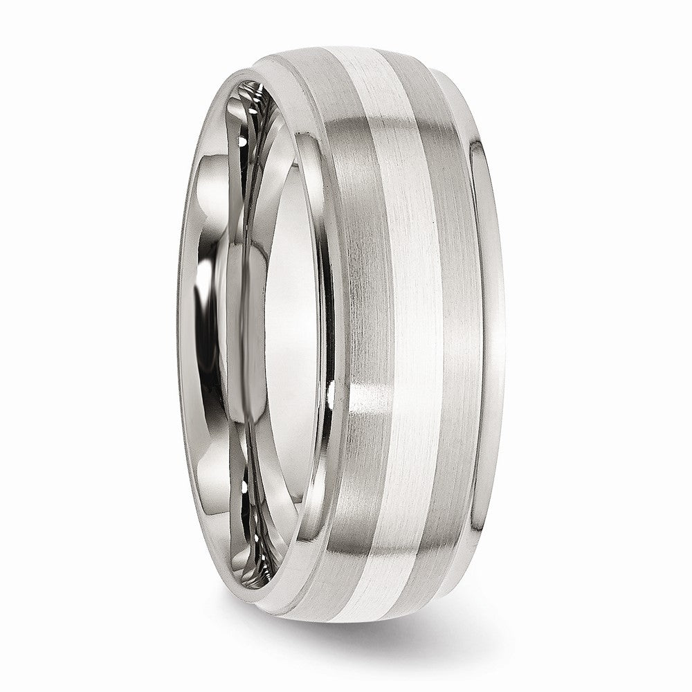 Chisel Stainless Steel Sterling Silver Inlay Ridged Edge Brushed And Polished Wedding Band