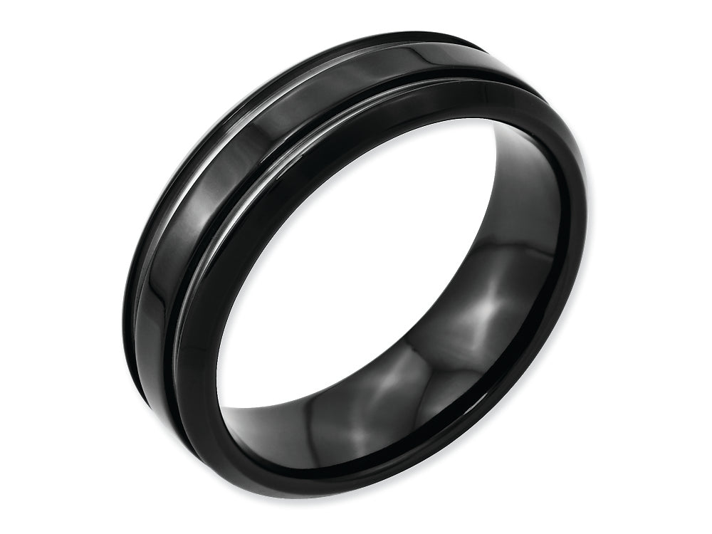 Chisel Stainless Steel Black Ip-plated Grooved And Polished 7mm Wedding Band