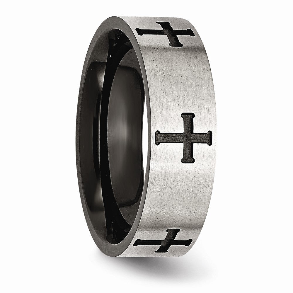 Chisel Stainless Steel 7mm Black Ip-plated Crosses Brushed/polished Wedding Band