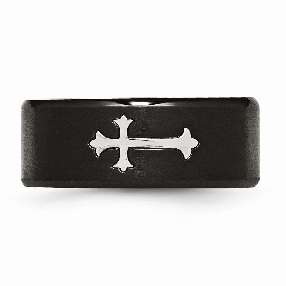 Chisel Stainless Steel Brushed Black Ip-plated With Cross 9mm Wedding Band