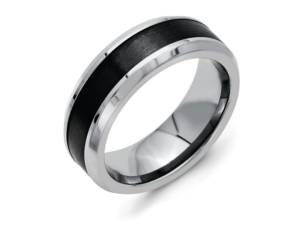 Chisel Stainless Steel Base W/polished Black Ceramic Center Beveled Wedding Band