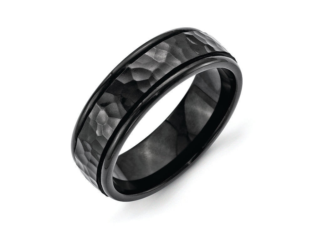 Chisel Stainless Steel 7mm Black Ip-plated Hammered And Polished Wedding Band
