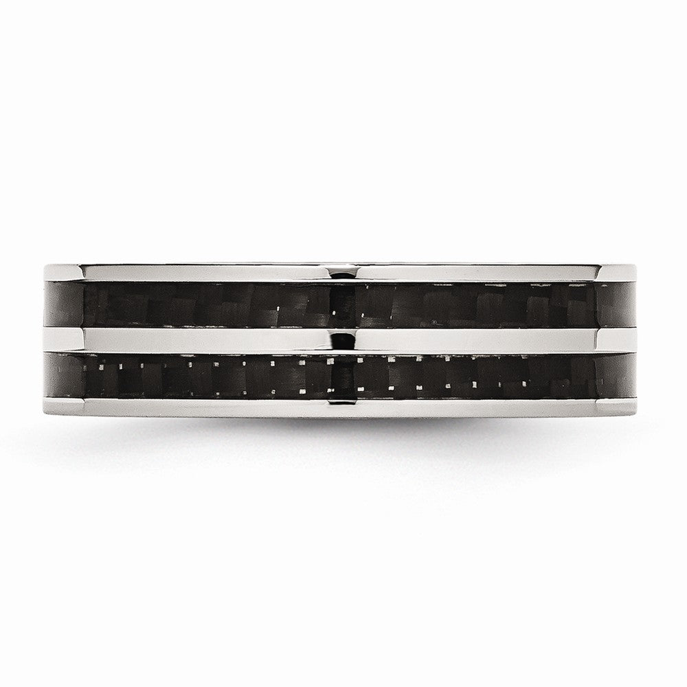 Chisel Stainless Steel 6mm Double Row Black Carbon Fiber Inlay Polished Wedding Band