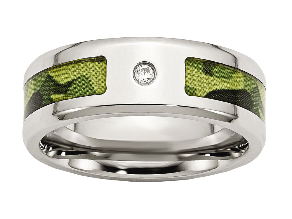 Chisel Stainless Steel Polished W/ CZ Printed Green Camo Under Rubber Wedding Band