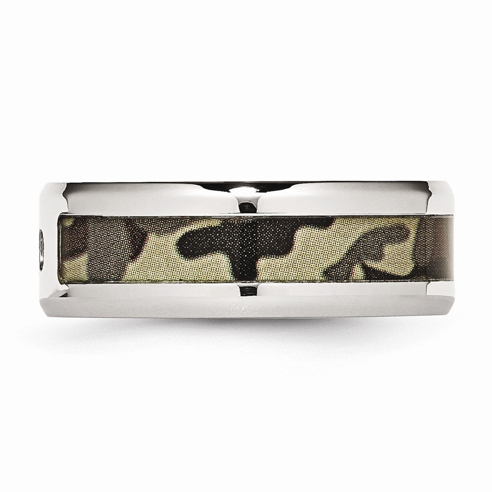 Chisel Stainless Steel Polished W/ CZ Printed Brown Camo Under Rubber Wedding Band