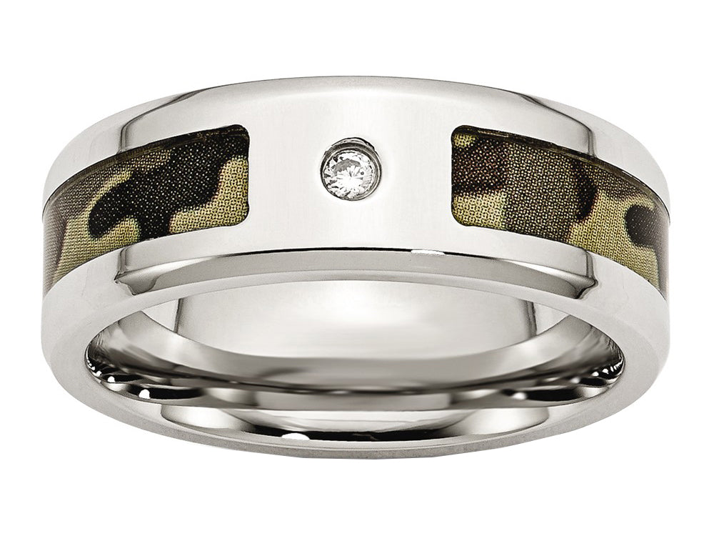 Chisel Stainless Steel Polished W/ CZ Printed Brown Camo Under Rubber Wedding Band