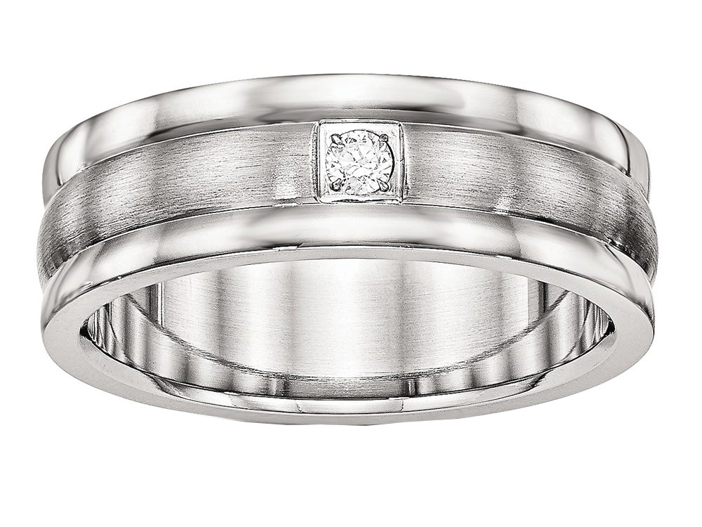 Chisel Stainless Steel Polished And Brushed Grooved CZ Ring