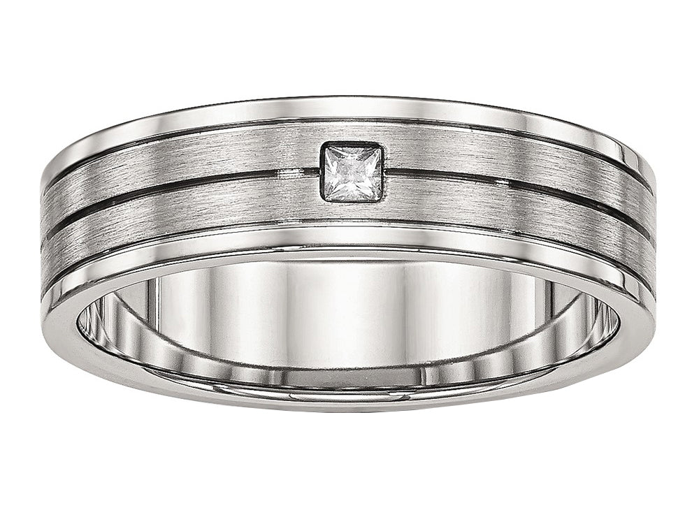 Chisel Stainless Steel Brushed And Polished Grooved CZ Ring