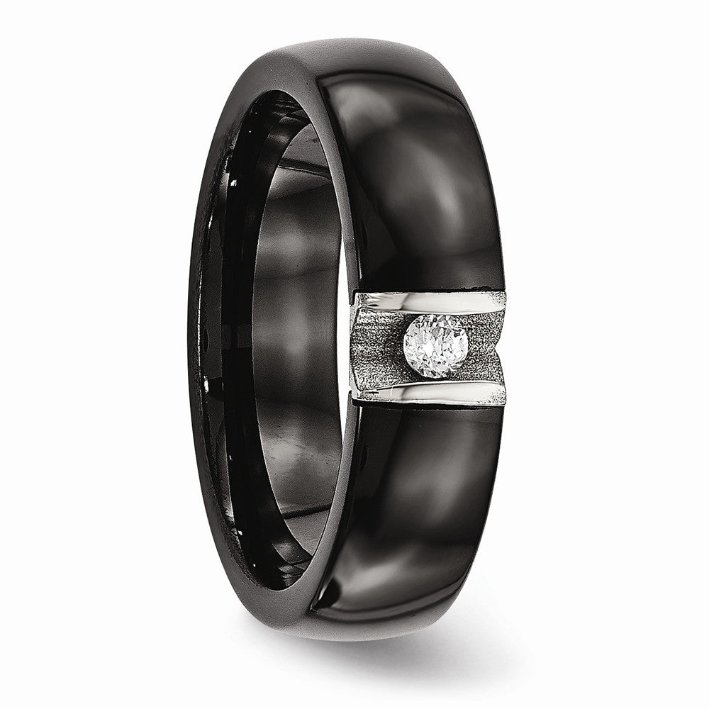 Chisel Stainless Steel Polished and Laser Cut Black Ceramic CZ Ring