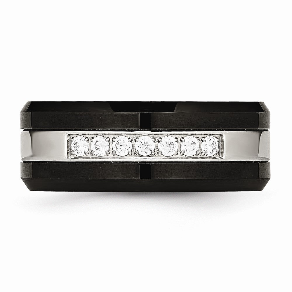 Chisel Stainless Steel Polished Black Ceramic CZ Beveled Edge Ring