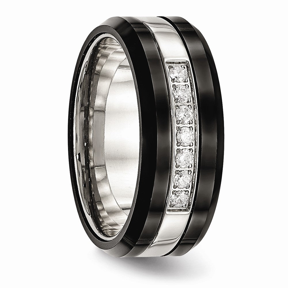 Chisel Stainless Steel Polished Black Ceramic CZ Beveled Edge Ring