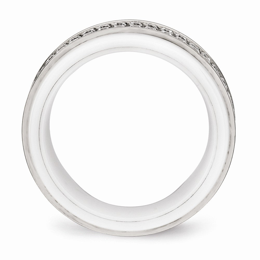 Chisel Stainless Steel Polished White Ceramic CZ Ridged Edge Ring