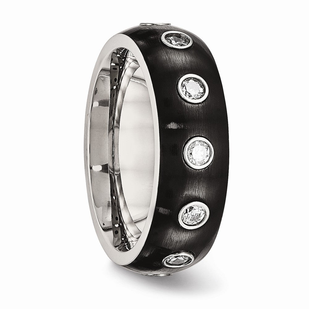 Chisel Stainless Steel Brushed And Polished Black Ip CZ Half Round Ring