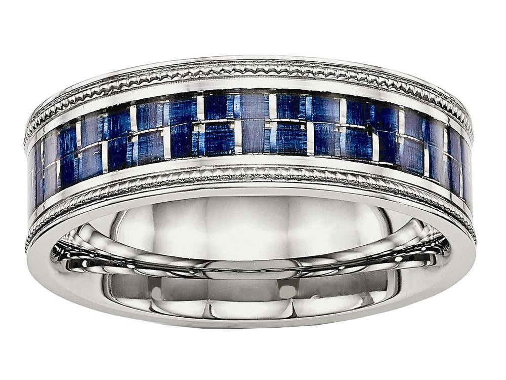 Chisel Stainless Steel Polished W/ Blue Carbon Fiber Textured Edge Ring
