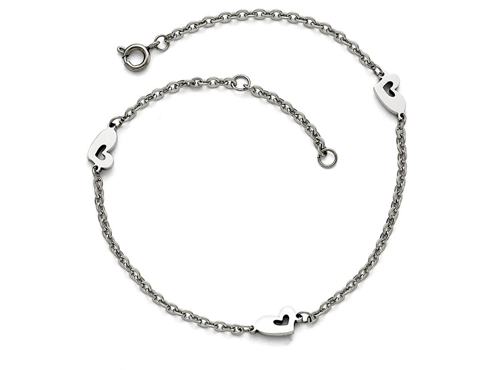 Chisel Stainless Steel Polished Hearts With 1in Extension Anklet