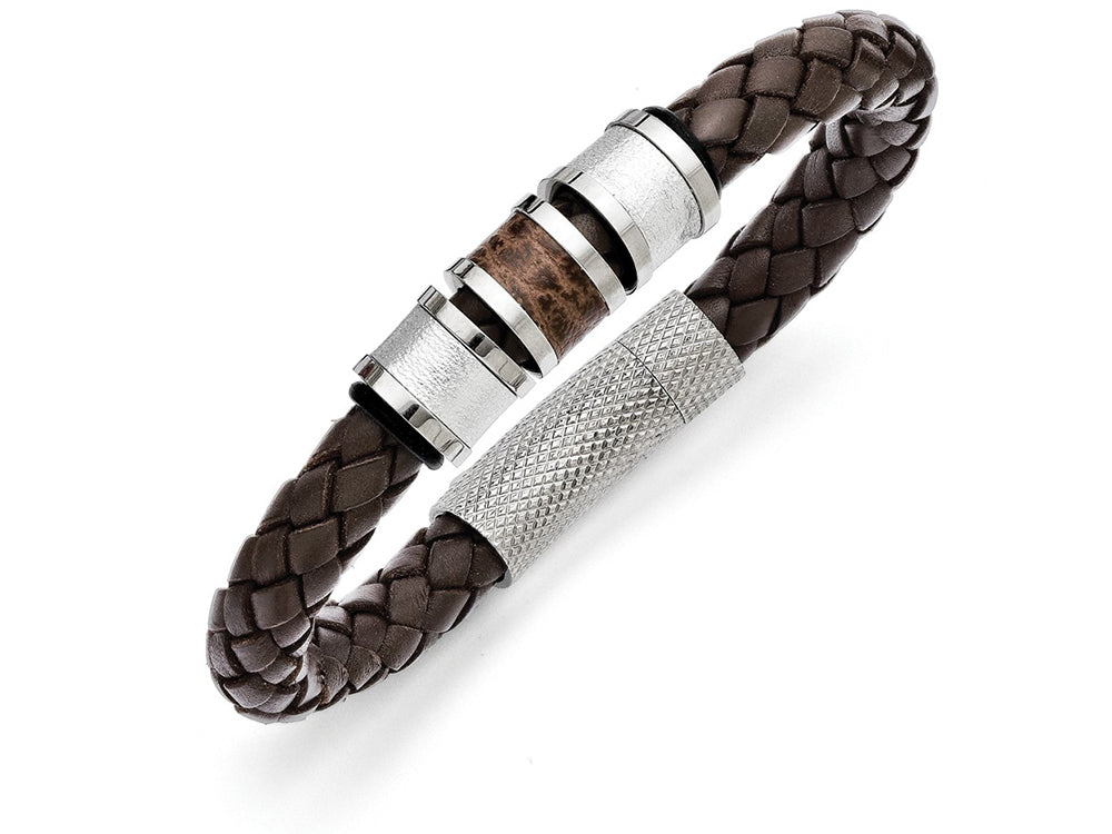 Chisel Stainless Steel Polished Brown Leather Black Rubber Bracelet