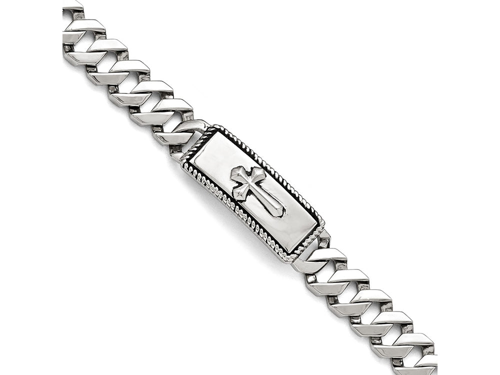 Chisel Stainless Steel Polished And Antiqued Cross Bracelet