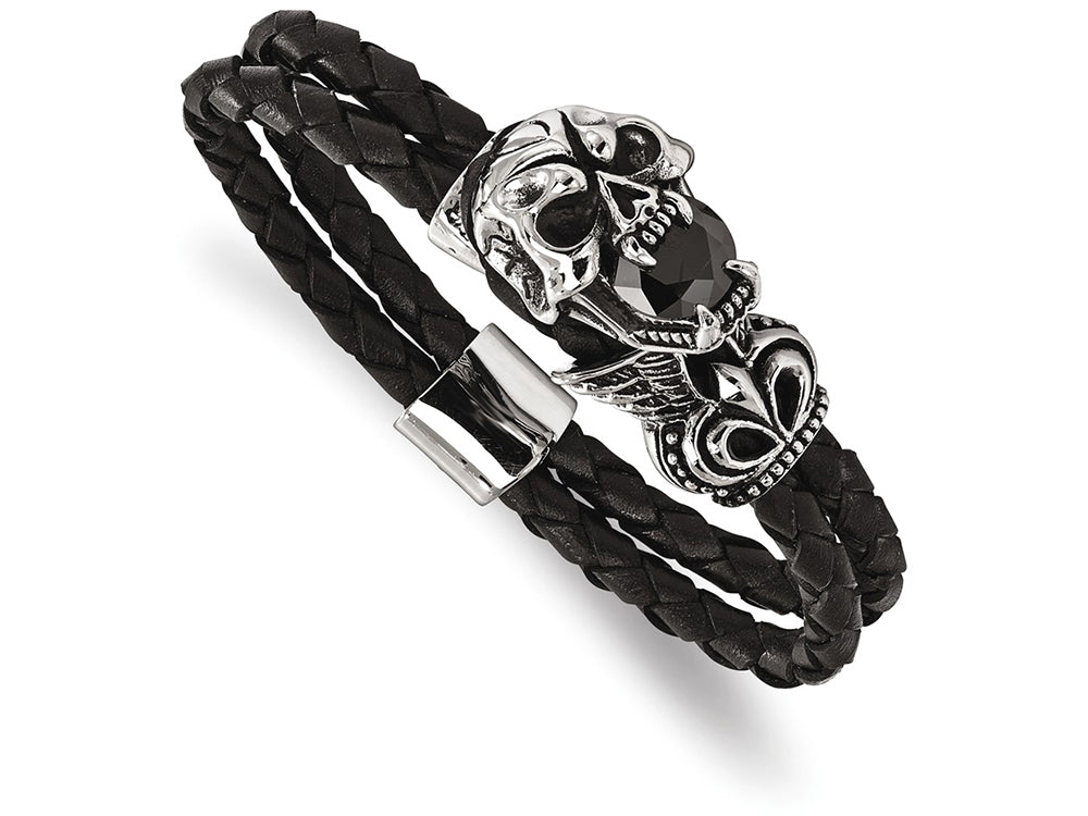 Chisel Stainless Steel Polished And Black Oil W/ Glass Leather Bracelet