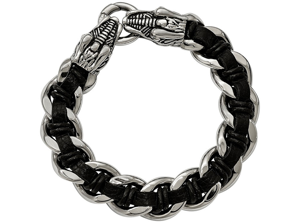 Chisel Stainless Steel Polished Blk Leather Antiqued Dragon Head Bracelet