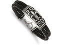 Chisel Stainless Steel Polished Antiqued Fleur De Lis Black Leather Bracelet