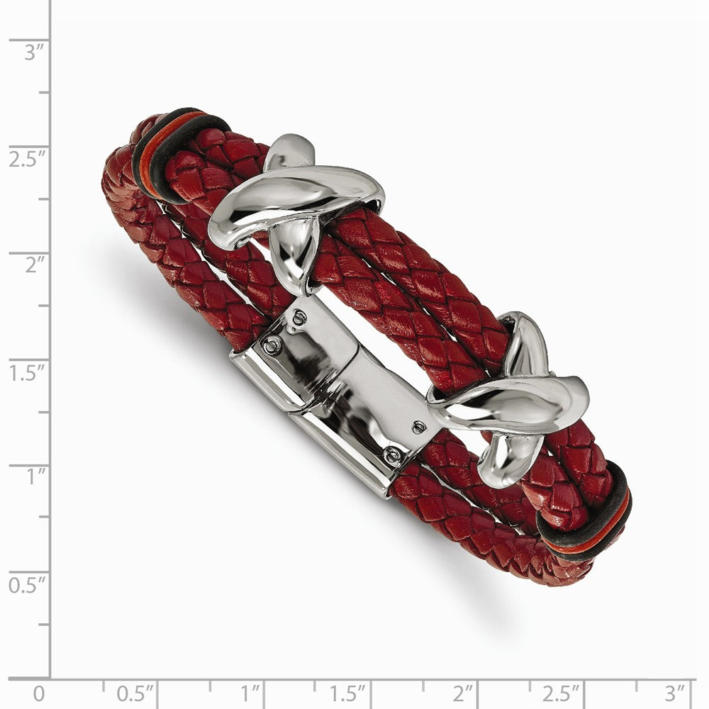 Chisel Stainless Steel Polished Red Leather And Rubber Bracelet
