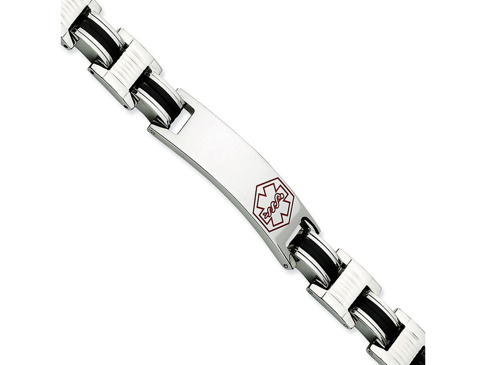Chisel Stainless Steel Black Rubber Red Enamel 8in Medical Bracelet