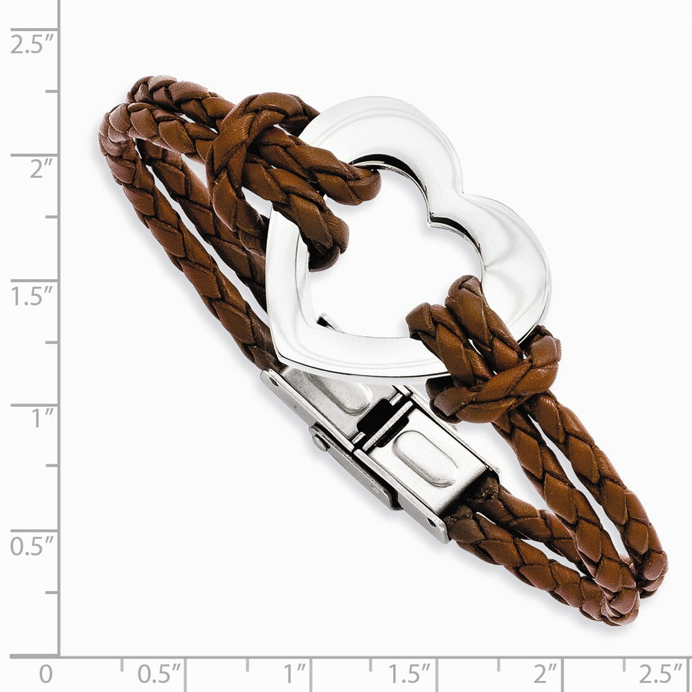 Chisel Stainless Steel Polished Heart 7.5in Leather Bracelet