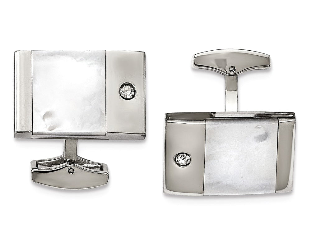 Chisel Stainless Steel Polished Mother Of Pearl CZ Cuff Links