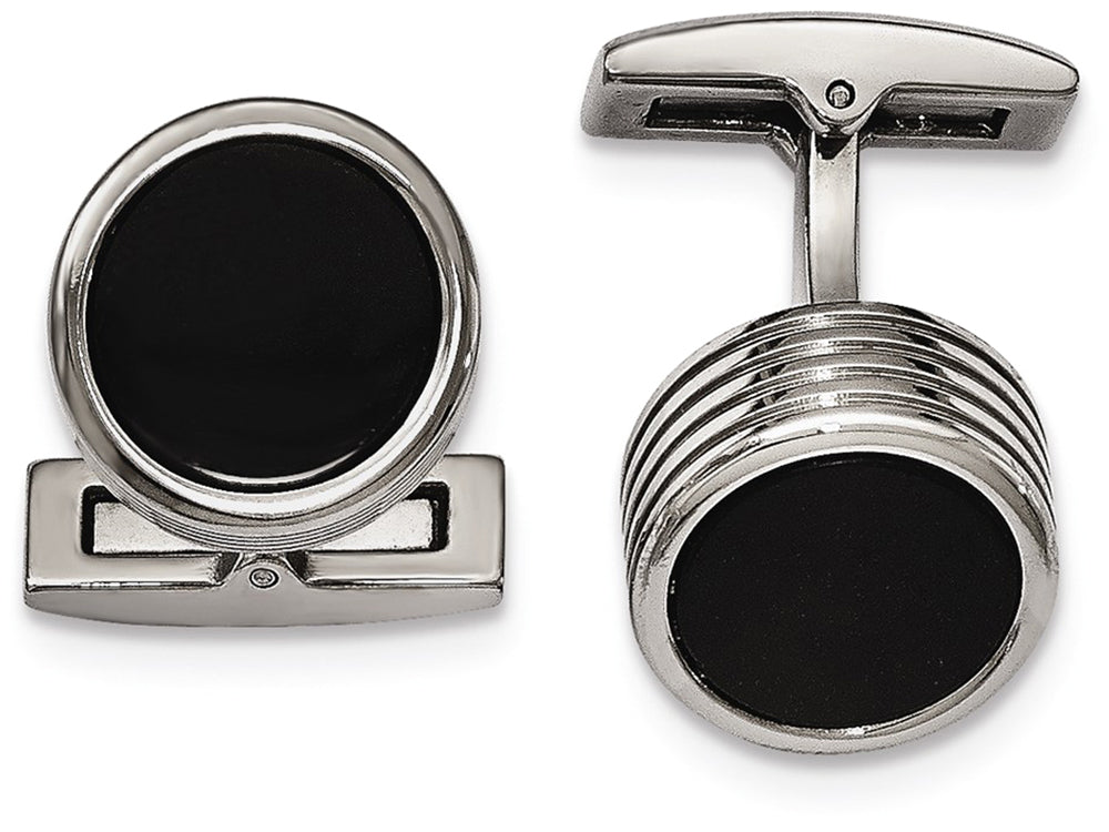 Chisel Stainless Steel Polished Grooved Round Black Ip Cuff Links