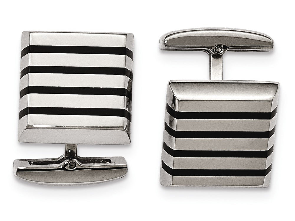 Chisel Stainless Steel Polished Black Rubber Square Cuff Links