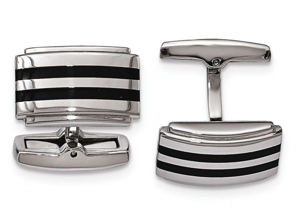 Chisel Stainless Steel Polished Black Rubber Rectangle Cuff Links