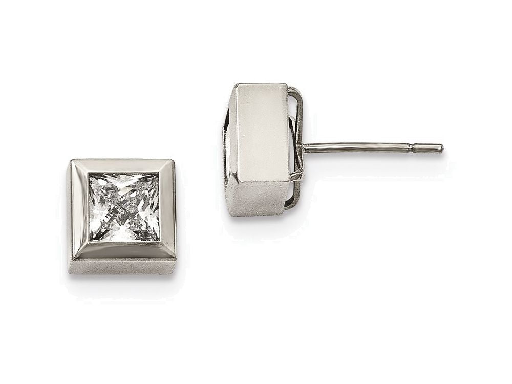 Chisel Stainless Steel Polished Square CZ Post Earrings