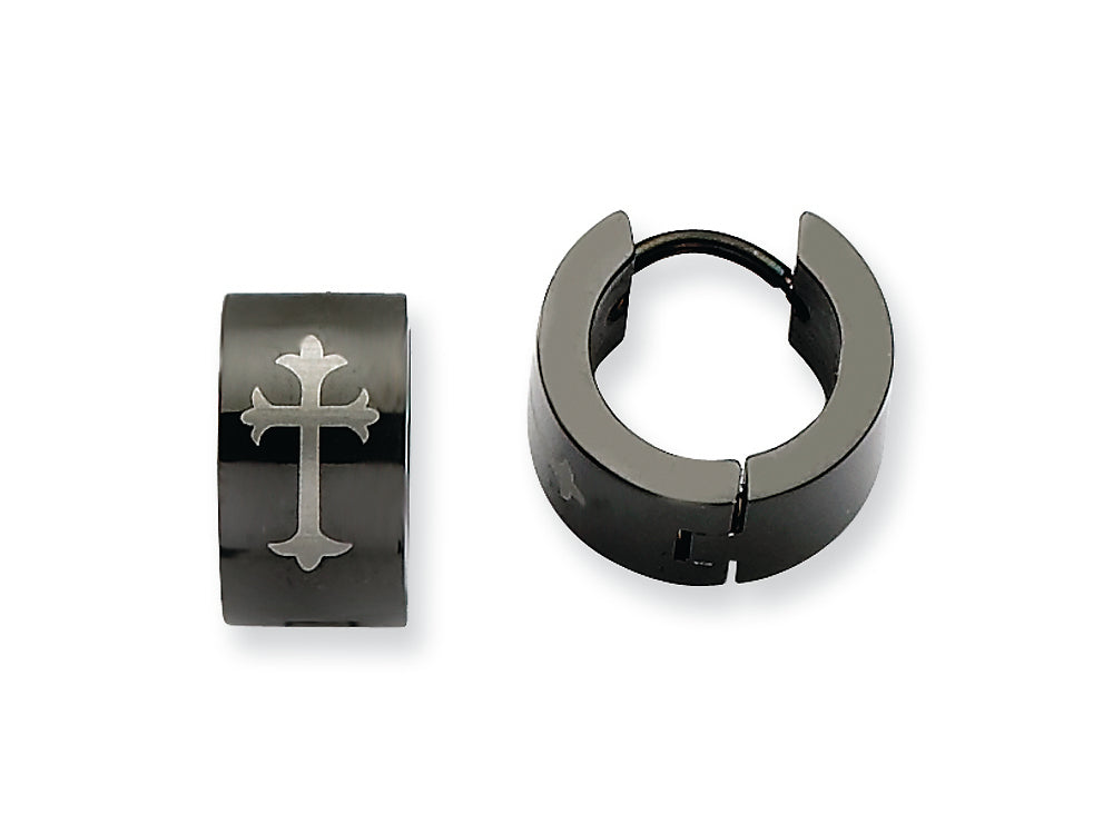 Chisel Stainless Steel Black Ip-plated Round Hinged Hoop W/ Cross Earrings