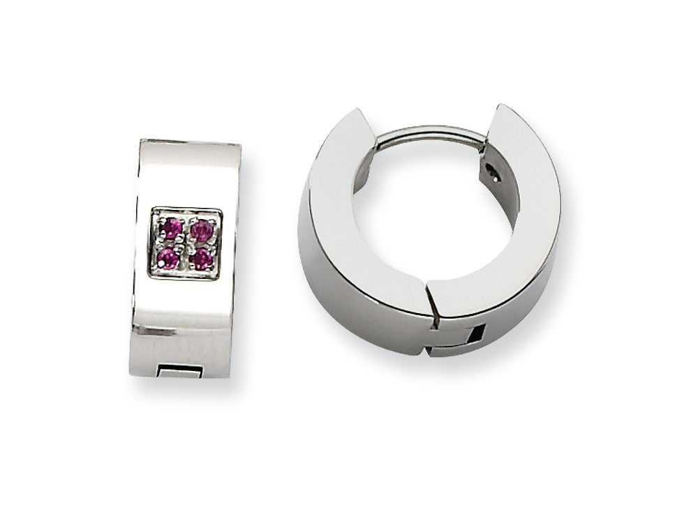 Chisel Stainless Steel Pink CZ Brushed and Polished Hinged Hoop Earrings