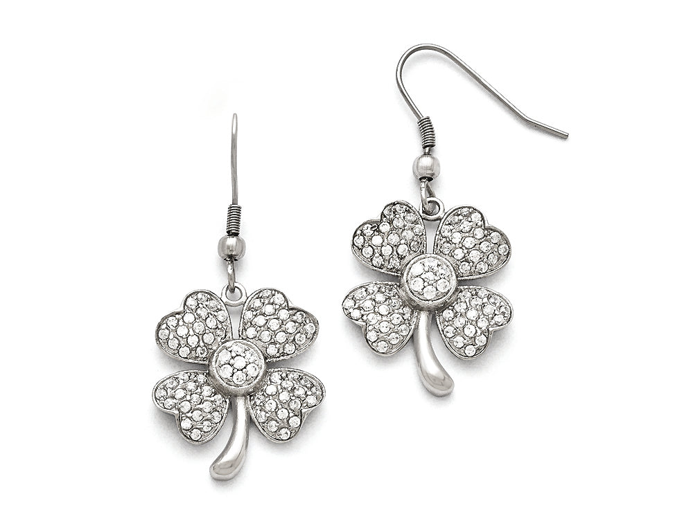 Chisel Stainless Steel Polished 4-leaf Clover W/cz  Shepherd Hook Earrings
