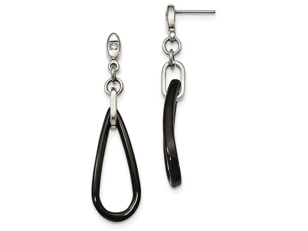 Chisel Stainless Steel Polished Black Ceramic CZ Dangle Post Earrings