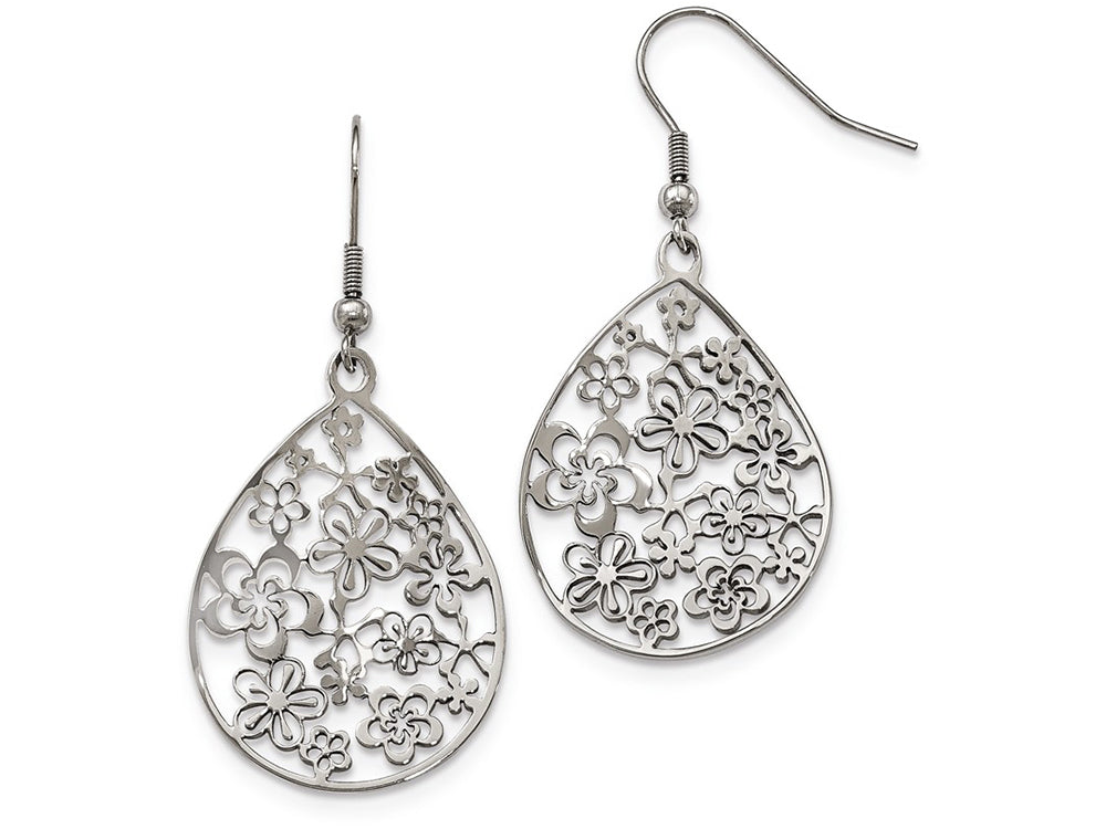 Chisel Stainless Steel Polished Flower Dangle Shepherd Hook Earrings