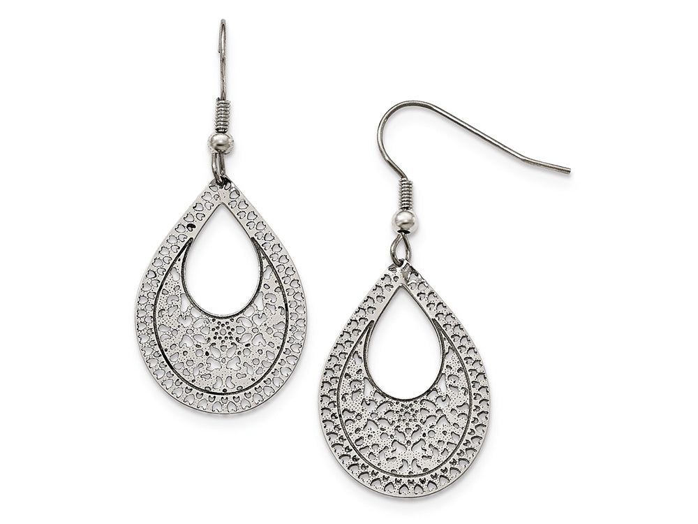 Chisel Stainless Steel Polished Textured Cut-out Design Dangle Earrings