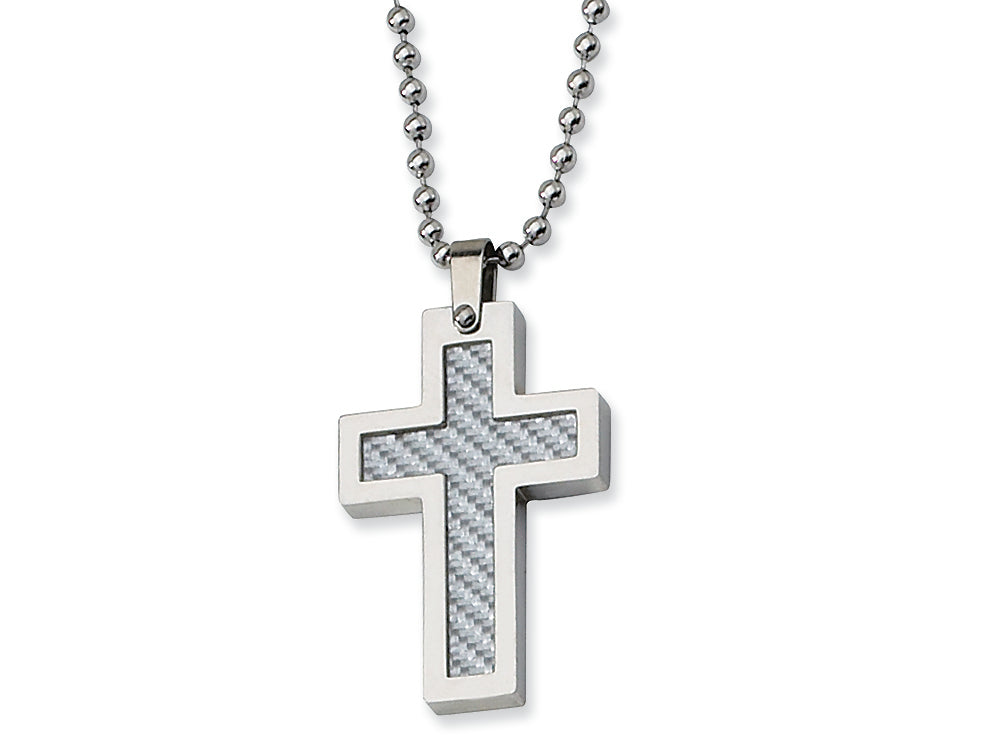 Chisel Stainless Steel Grey Carbon Fiber Cross Necklace - 22 inches
